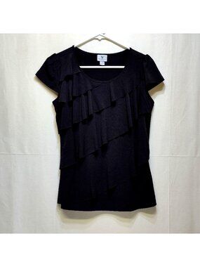 Worthington Stretch Small Ruffle Cap Sleeve Shear Airy Multi-Layer Stylish Top